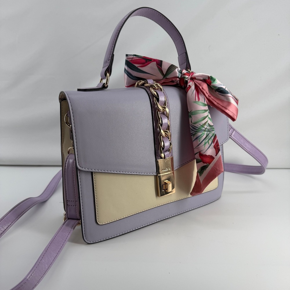 Aldo Lavender Cream Colorblock Satchel Crossbody Bag with Floral Scarf Detail